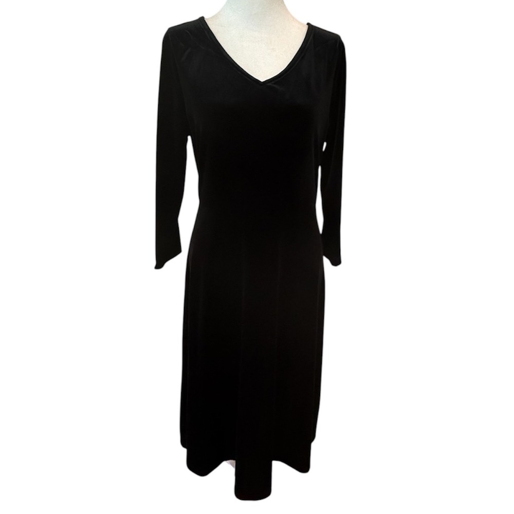 Isaac Mizrahi Live Black Velvet V-Neck Midi Dress Long Sleeve Womens Small